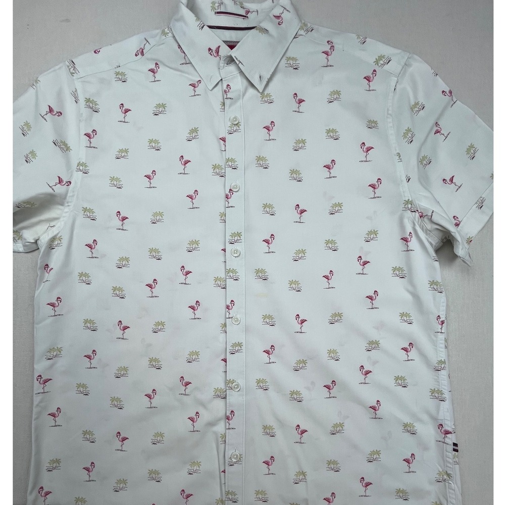 Denim & Flower Ricky Singh Mens Large White Flamingo Santa Hat Christmas Shirt